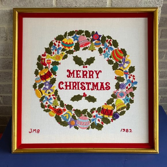 Handmade Vintage Other - Gorgeous Large Vintage Crewel Embroidery Wall Hanging Double Framed Wood Velvet